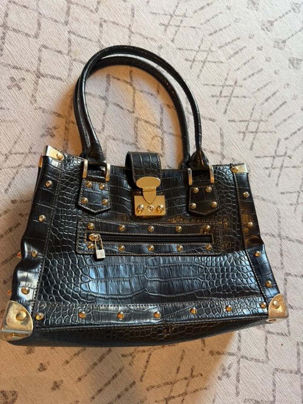 Black Faux Croc Embossed Studded Handbag Gold Hardware Y2K handbag Purse